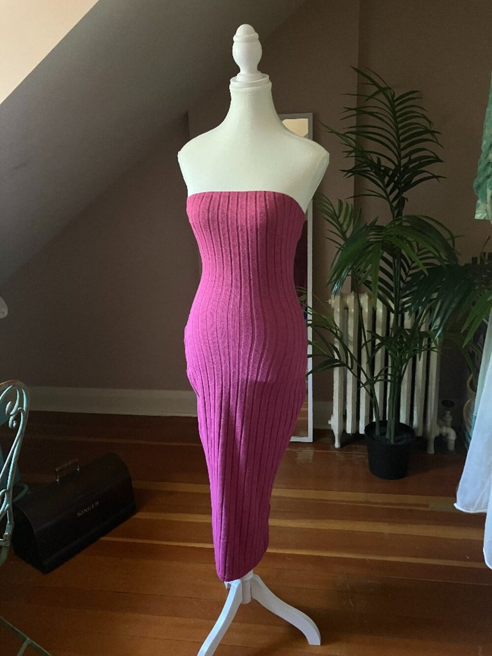 Fuchsia pink stretchy knit bodycon dress long
